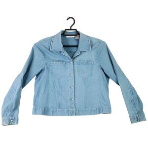 Womens Selene Sport Blue Denim Jacket Long Sleeve Rhinestones Accents Size 14